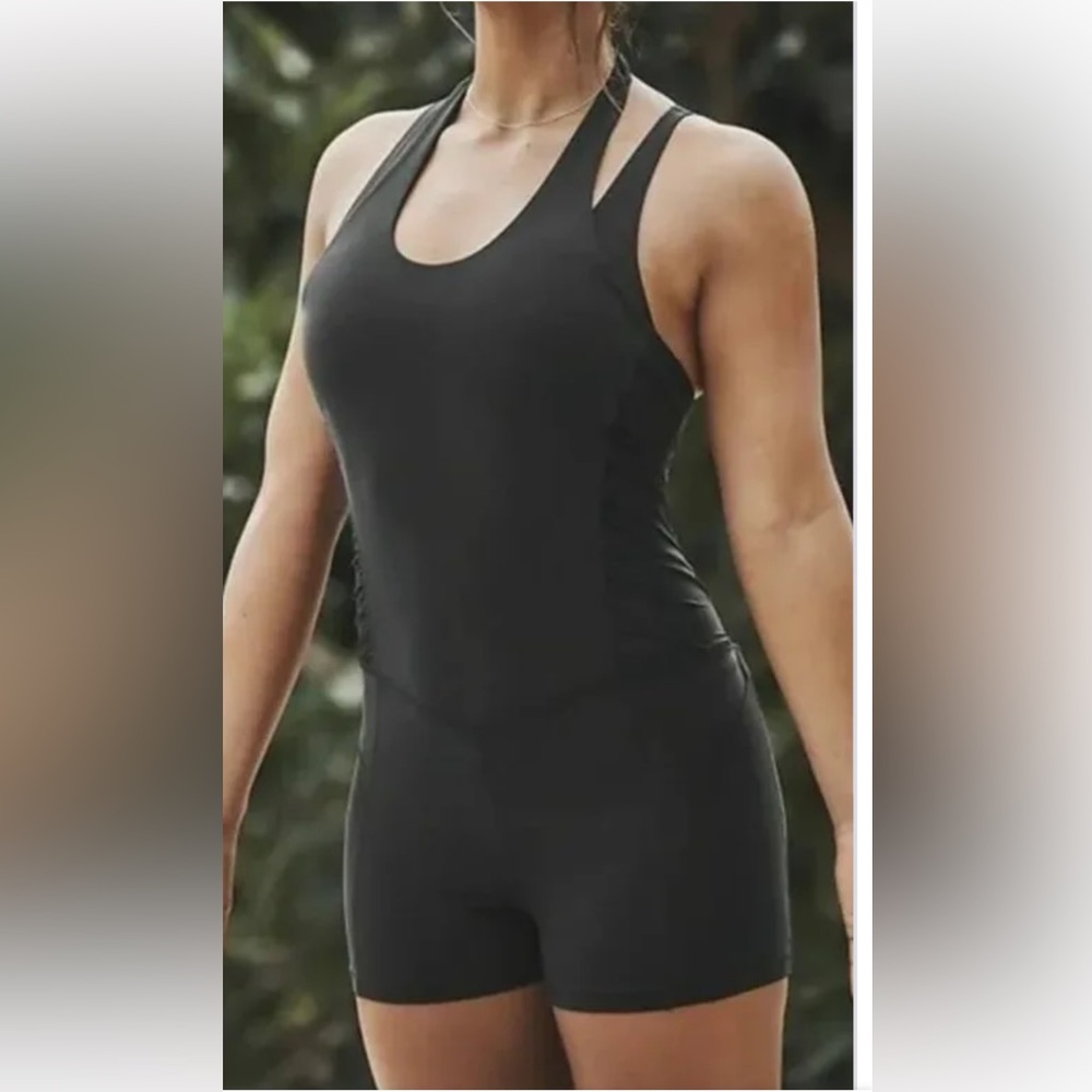 Athleta Mesh Me Up Halter Bodysuit in black. Size Large.
